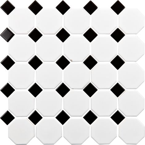 MAT INTER - Feuille 290x290x6mm - Porcelaine hexagone blanc 55mm - Cabochon noir 30mm