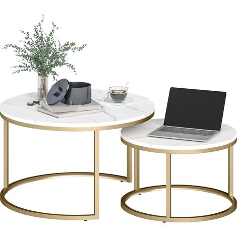 Lot de 2 tables basses gigognes empilable design industriel plateau imitation ciment pieds en métal blanc (1/5)