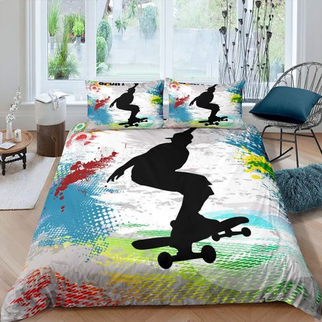 Parure de lit 2 pièces avec housse de couette style graffiti pour enfants, garçons, filles, jeunes, hommes, sports extrêmes, hip-hop, pour lit simple (1/4)