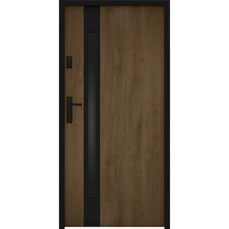 Porta d'ingresso apertura a destra H207 x L100 cm in acciaio pieno e inox vetro fumé effetto noce e nero spessore 55 mm - BRAGA