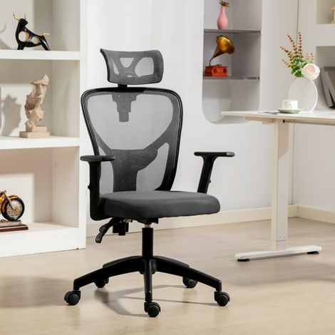 Sedia Ufficio Ergonomica con Poggiatesta Regolabile, Altezza Regolabile 106-116 cm e Schienale Inclinabile, Sedia Scrivania Girevole con Schienale a Rete e Seduta Imbottita, Grigio Scuro (1/5)