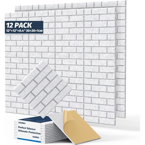Pack of 12 acoustic carrés haute densité de 12"×12"×0.4", en forme de brique, adaptés pour le salon et toutes les surfaces murales. (Blanc) (Gris clair) (1/5)