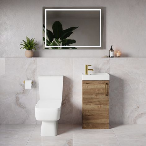 Napoli Cube Tobacco Oak 400mm Single Door Vanity Unit and Toilet Suite with Align Basin - 400mm - Brushed Brass 160mm Handle
