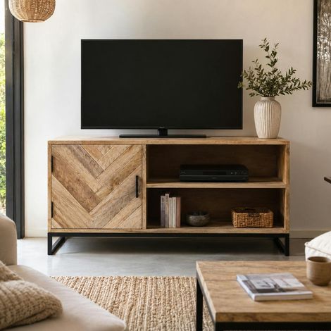 Petit meuble TV bois de manguier 1 porte BRIX (1/5)