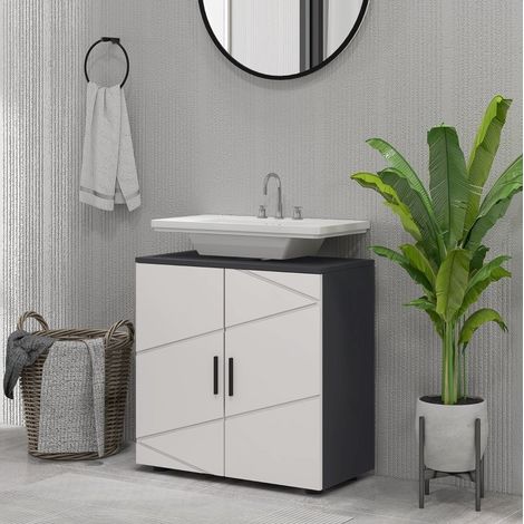 Meuble sous lavabo 60x30x60 cm en bois gris, étagère réglable, gain de place salle de bain – MEUBLIV (1/5)