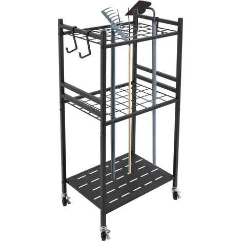 Organizador de jardín con ruedas, estantería de almacenamiento para garaje, con capacidad para hasta 35 herramientas de mango largo, soporte metálico robusto de acero con 3 ganchos, para exteriores, n (1/5)