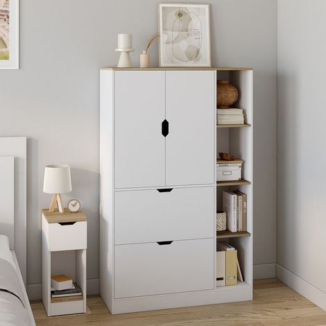 Mueble NOUK de 80 cm de ancho para oficina, dormitorio o pasillo con 3 puertas y 2 cajones en blanco y madera