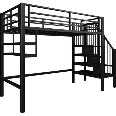 Kinder-Hochbett 90 x 200 cm aus Metall und MDF, schwarz, mit Stauraum und Leiter (1/5)