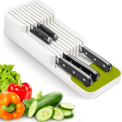 Knife organizer for drawer, secure storage with multiple slots, white color (1/3)