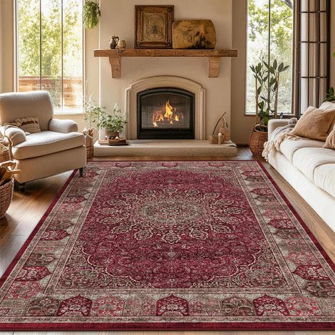 Tapis Vintage pour Salon 120x180 cm - Tissu Ras Court Doux, Lavable en Machine et Antidérapant, Tapis Oriental pour Salle à Manger, Chambre à Coucher et Chambre d'enfants,Rouge Vintage (1/5)