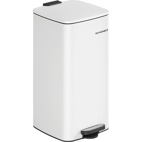 Songmics – Poubelle à pédale 30 L en acier – Seau intérieur avec poignées – Fermeture douce et maintien ouvert – Antidérapante – Blanc