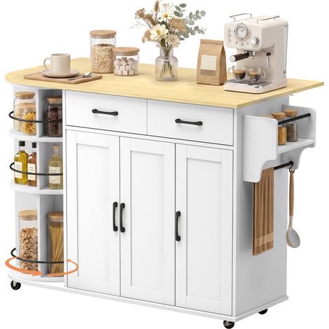 HOMCOM isla de cocina con 5 ruedas, encimera extensible, 3 estantes giratorios 360°, 2 cajones, 3 puertas, estantes ajustables, toallero, blanco (1/5)