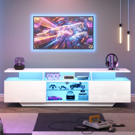 Meuble TV 160 cm avec LED, 2 portes et 8 étagères, blanc, pour appartement et hôtel (1/5)