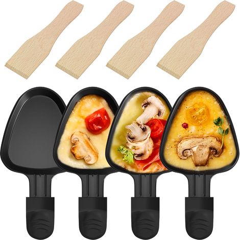 Lot de 4 Poelon Raclette Triangulaire à Revêtement Anti-adhésif,Coupelle Raclette Barbecue Triangle avec Poignée Isolée pour Fromage Fondu Oeuf Frit,Accessoires avec 4 Pcs Pelles en Bois