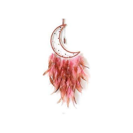 Mond-Traumfänger fürs Schlafzimmer, braun-rosa Feder-Traumfänger für Erwachsene, Wandbehang, Segensgeschenk