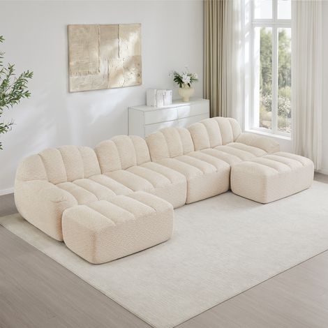 Divano modulare a U a 4 posti con 2 pouf, forma a conchiglia, divano senza stecche in schiuma ad alta densità 32D, seduta profonda, ideale per soggiorni, tessuto morbido, beige e bianco