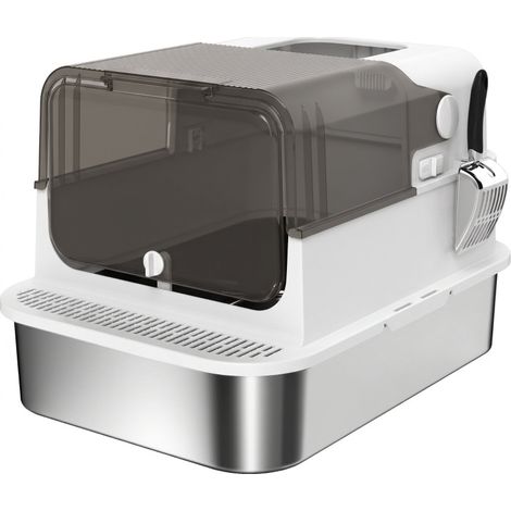 Litière pour chat XXL en acier inoxydable, grande caisse 52 L avec double accès frontal et supérieur, anti-fuite, facile à nettoyer, blanche – CHICFURN (1/5)