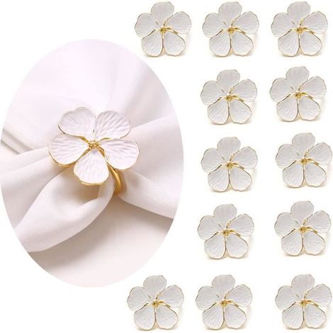 Rond de Serviette - Non spécifié - Lot de 12 - Alliage métallique - Fleurs blanches - Plaqué or (1/4)