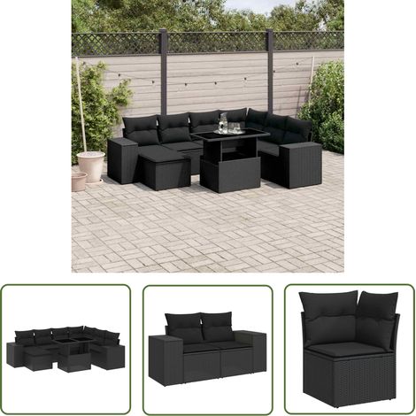 The Living Store Salon de jardin 8 pcs avec coussins noir résine tressée - Salon De Jardin - Meuble Extérieur - Set Salon - Résine Tressée - Mobilier De Jardin (1/5)