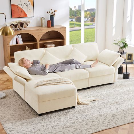 Canapé d’angle chenilla beige 218x156,5x86 cm con reposabrazos ajustables y puff móvil (1/5)
