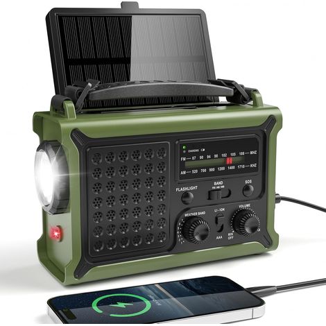 Solar Radio, Radio à Manivelle AM/FM avec 12000mAh Power Bank pour Le Chargement d’Urgence du Téléphone Intelligent, 5 Méthodes de Chargement, Prise Casque, SOS Alarme pour Le Camping, Urgence (1/4)