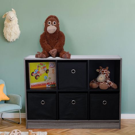 Kinderzimmerregal mit 6 Fächern Holzregal Spielzeugregal  Standregal 6x Faltboxen Bücherregal schwarz, Stoffboxen, BxHxT 80x60x30 cm