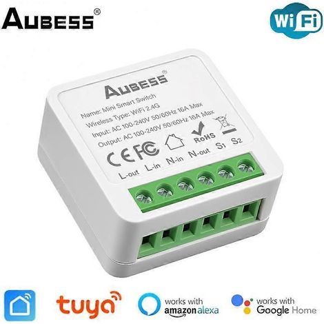 Interrupteur intelligent WiFi Tuya 16A, mini-interrupteur va-et-vient avec disjoncteur et compteur de puissance, compatible Alexa et Google. (1/5)