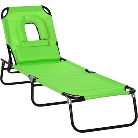 Chaise longue avec ouverture pour le visage et coussin, pliable, housse déperlante, structure en métal, verte. Disponible sur place. (1/5)