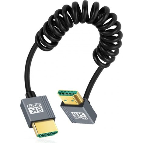 Câble HDMI 2.1 mâle vers HDMI mâle 8K 60 Hz Câble spiralé extensible coudé à 90 degrés pour moniteur d'ordinateur portable HDTV (1/5)