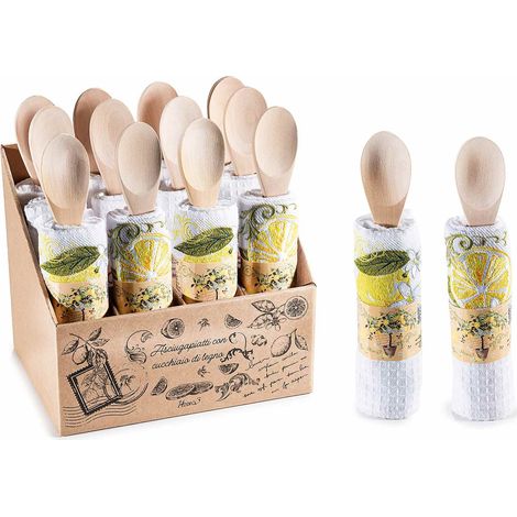 Asciugapiatti in cotone ricamato con limoni e cucchiaio in legno in espositore da 12 pezzi, set da 12 pezzi, Asciugapiatti: cm 38 x 64 H