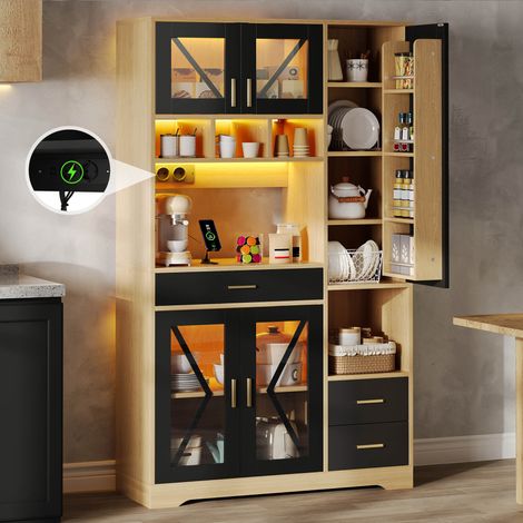 Mobile da cucina in stile rustico, mobile alto per riporre e mostrare oggetti, con ripiani regolabili, cassetto, illuminazione a LED a colori variabili e prese elettriche, 185 × 105 × 40 cm.