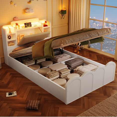 Letto contenitore bambini 90x200 cm con testiera portaoggetti, LED, porte USB e Type-C, in pino bianco, materasso non incluso (1/5)