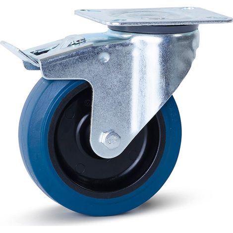 Roulette pivotante freinée - MESO - Caoutchouc élastique bleu - 125mm - 180kg - Platine