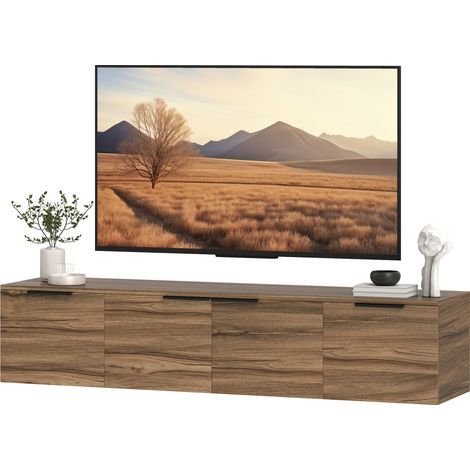 Meuble TV suspendu meuble télé pour téléviseur jusqu'à 65 pouces avec 3 placards à portes, 150 x 35 x 32 cm, marron (1/5)