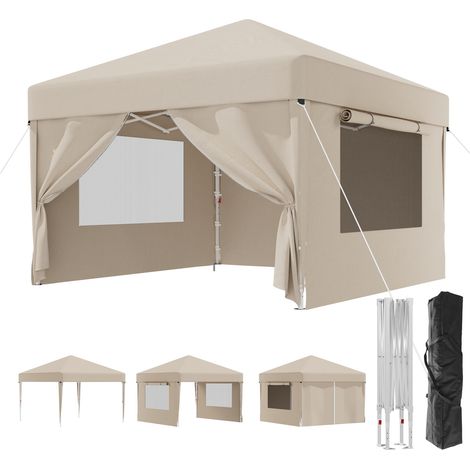 Tonnelle Pliante 3x3m avec Protection Insectes & Ventilation｜Stores + Fenêtres Aérées｜Montage Express 1 Minute, Beige (1/5)