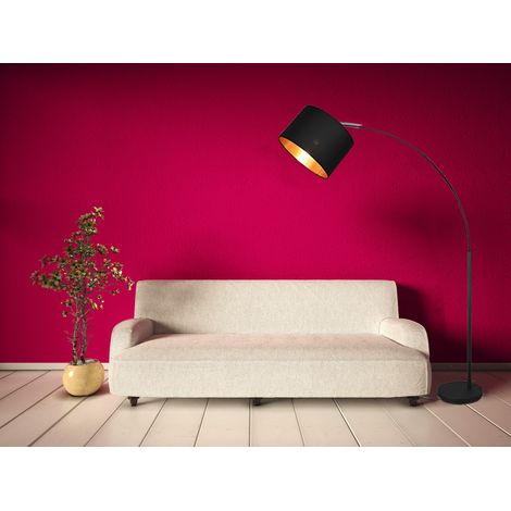 Große LED Bogenleuchte mit Stoffschirm Schwarz innen Gold - Höhe 171cm (1/5)