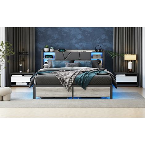 Letto matrimoniale 160x200 cm con illuminazione a LED, cassetti e struttura in metallo con testiera in legno - Nero (1/5)