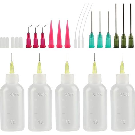 5 Pcs Applicateur de Bouteille Aiguille, Flacon Applicateurs à Pointe d'aiguille, Flacons Aiguilles avec 17 Aiguille de Distribution et Capuchons pour Colle Bricolage Huile Peinture Acrylique (50ml)