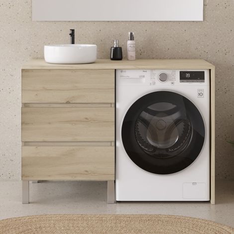 Meuble lave linge 124cm avec plateau et vasque ronde - sans miroir - 3 tiroirs - nebraska (chêne clair) - CRUZ (1/5)