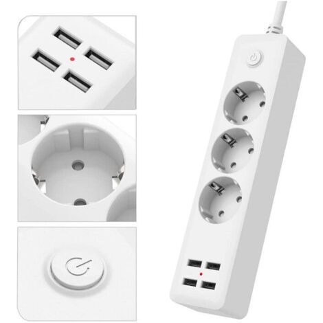 Multiprise USB standard européenne avec 3 prises, multiprise avec 4 ports USB, multiprise avec interrupteur, cordon d'alimentation de 1,5 M, convient pour la maison, le bureau, l'installation murale (1/3)