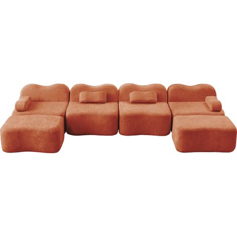Canapé modulable d’angle en U 4 places sans structure avec 2 ottomans en velours orange (1/5)