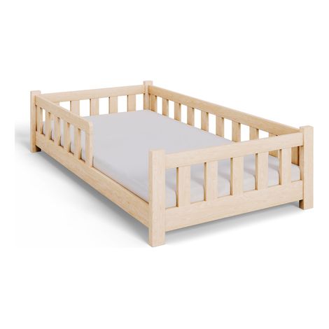 Letto per bambini PINI 160x80 basso in legno non verniciato con materasso - Naturale