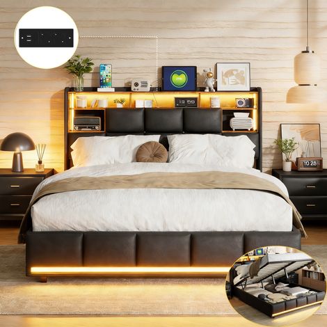 Lit 140x200 cm, Lit double avec LED et Charge USB, Lit coffre avec grand espace de rangement hydraulique sous le lit, sommier à lattes, 2 Personnes, PU, Noir (1/5)