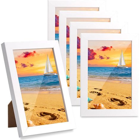 5 cadres photo blancs 10x15 cm en bois MDF, mur/posé sur table  Face transparente anti‑poussière vertical/horizontal montage facile pour salon chambre bureau couloir (1/5)