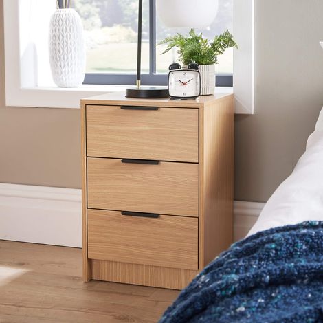 Bedside 3 Drawer Storage Oak Effect Clothing Nightstand Organiser Bedroom Table (1/5)