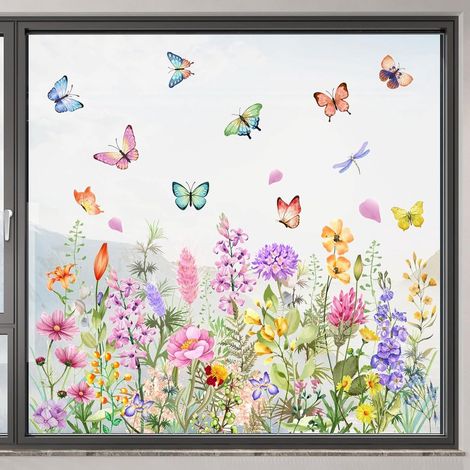 30 x 60 cm - Stickers pour fenêtre - Fleurs et papillons - Fleurs aquarelles - Feuilles et plantes vertes - Amovibles - Style rustique printemps-été - Fleurs sauvages - Décoration artistique - Pour ch (1/5)