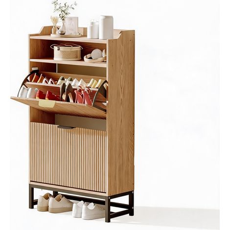 Armoire à chaussures étroite design cannelé – 2 tiroirs basculants + étagère ouverte + poignées dorées – Idéale entrée, couloir ou salon – bois (1/5)