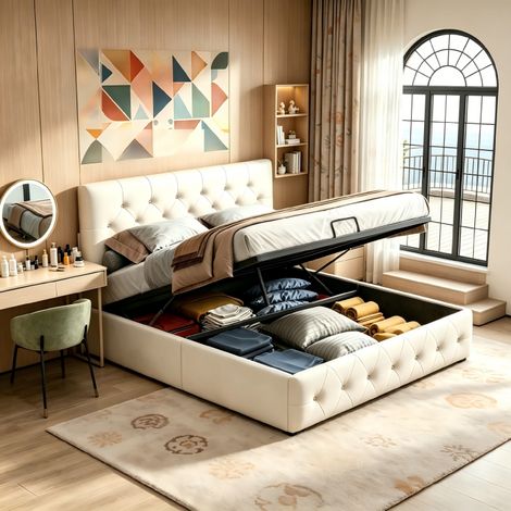 Lit double rembourré 140x200, lit 2 personnes coffre en hydraulique, cadre de lit avec tête de lit, lit capitonné, pour Adultes et Adolescents, Matelas non compris, abricot, velours, MDF (1/5)