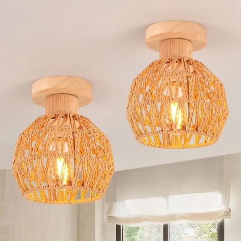 Lot de 2 Plafonnier Industriel Vintage 16cm Lustre Abat-jour en Rotin Brun E27 Lampe de Plafond Design Cage pour Salon (1/5)