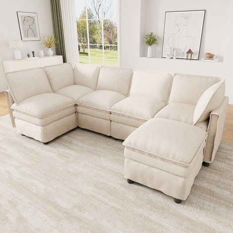 Canapé panoramique d’angle XL 6 places, grand canapé en L modulable en chenille avec méridienne et pouf Beige, 344 x 127 x 91 cm (1/5)